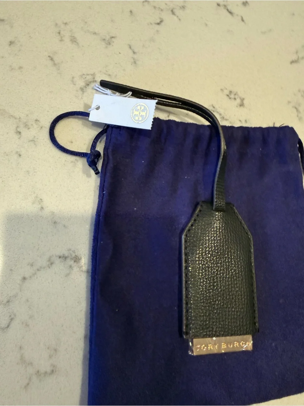 Tory Burch Black Pebbled Leather Tag with Gold-Tone Logo Plate